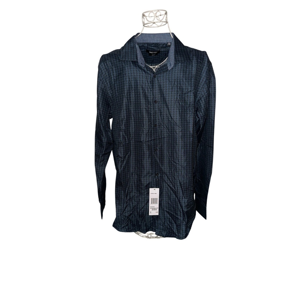 New Nine West Mens Slim Fit Button Down Shirt Navy Geometric Print NW-20496 L